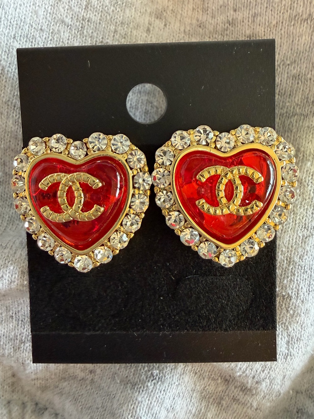 Upcycled Chanel Red Heart Crystal Logo stud Earrings - Gold Tone